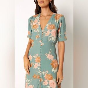 Petal & Pup Elegant Floral Covered Button Midi Dress with Sleeves